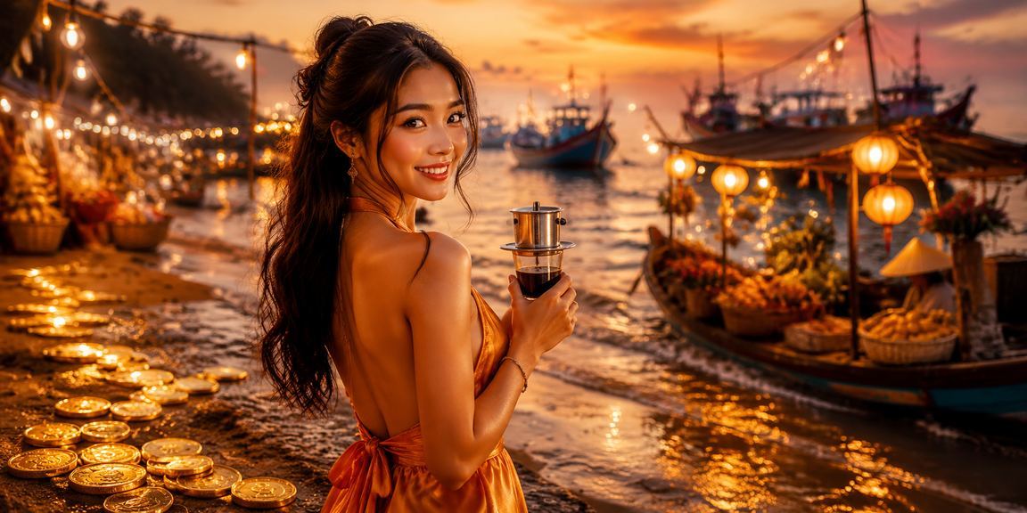 Người dùng Mũi Né cài và sử dụng ứng dụng casino cf88 tại quán cà phê ven biển